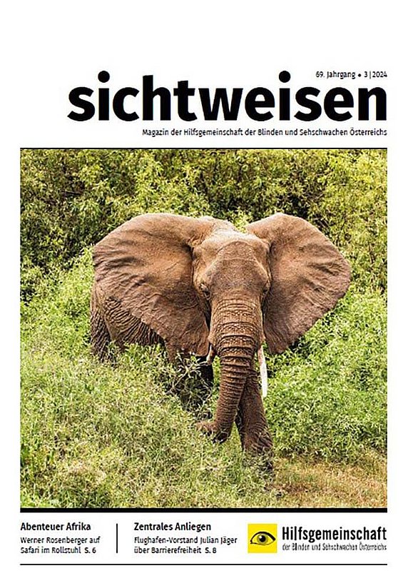 Titelbild der aktuellen Ausgabe der sichtweisen, am Cover Foto ein Elefant im Gebüsch. 