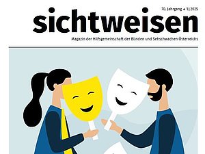 Cover der ersten Ausgabe des sichtweisen Magazins 2025. Icons eines Mannes und einer Frau in blauen Oberteilen sind einander zugewandt und haben lachende und weinende Masken in den Händen.