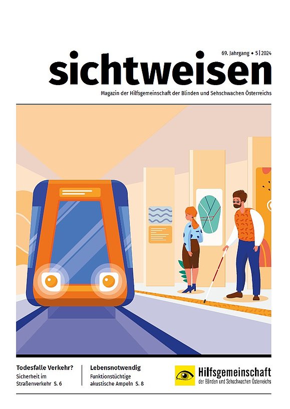 Cover der fünften sichtweisen Ausgabe 2024. Illustration in blau und orange einer U-Bahn Station, in der gerade ein Zug einfäht. Am Bahnsteig stehen Fahrgäste, einer davon ein Mann mit einem weißen Stock.