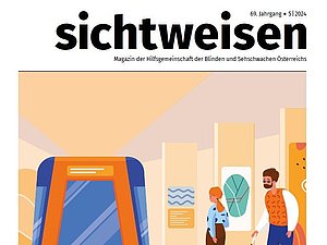 Cover der fünften sichtweisen Ausgabe 2024. Illustration in blau und orange einer U-Bahn Station, in der gerade ein Zug einfäht. Am Bahnsteig stehen Fahrgäste, einer davon ein Mann mit einem weißen Stock.